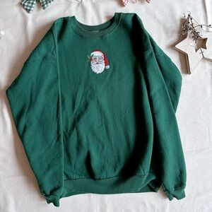 Green Santa Embroidered Christmas Holiday Sweater nostalgia 90s